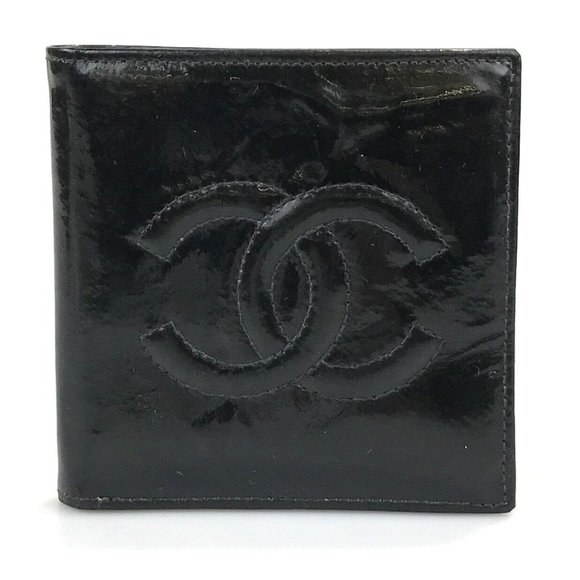 CHANEL Wallet Black Patent Leather CC Logo coin case Authentic